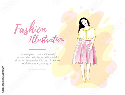 Fashion girl in a skirt and blouse or dress. Classic feminine style wardrobe. Beauty template.