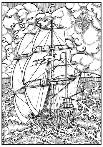 Ancient vessel under full sail against stormy sea landscape in frame. Vector nautical illustration, historical adventure concept, t-shirt graphic design