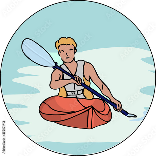 Kayaking Man Vector. Rafting. Vest Jacket, Paddle Oar, Kayak Boat. Kayaking Water Sport. Flat Cartoon Illustration rowing first-person. Beautiful cartoon. rowing outdoor fun. kayaking with lettering