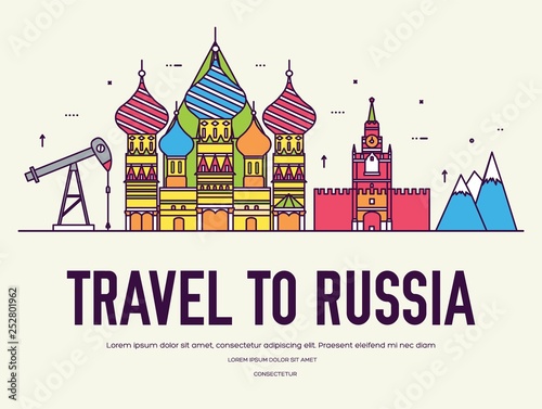 Country Russia travel vacation of place and feature. Set of architecture, item, nature background concept. Infographic traditional ethnic flat, outline, thin line icon