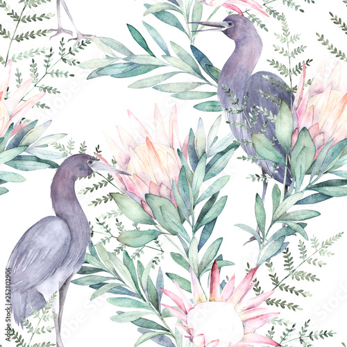 Watercolor seamless pattern witn eucalyptus branch, protea, fern and crane. H...