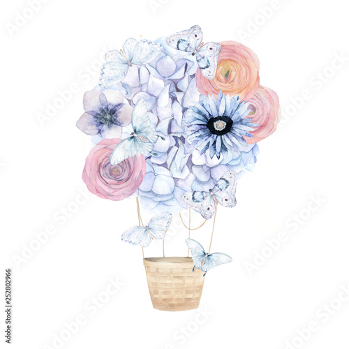 Nebulas blue aerostat balloon flowers and butterfly. Watercolor hydrangea. Fl...