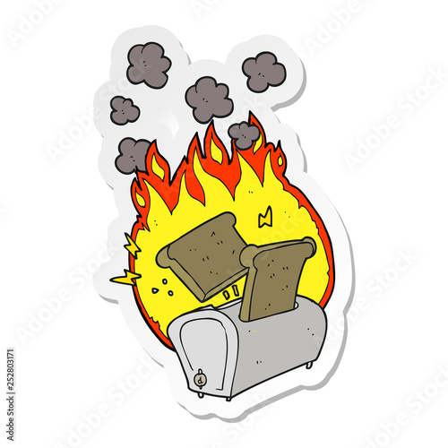 sticker of a cartoon burning toaster