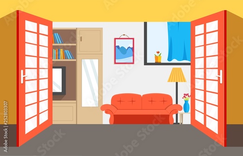 Flat cozy room in house with open doors background vector illustration concept