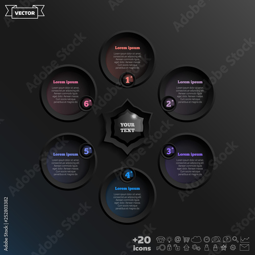 Vector infographic design with colorful circle on the black background. Business concept. 6 options, parts, steps. Can be used for graph, diagram, chart, workflow layout, number options, web