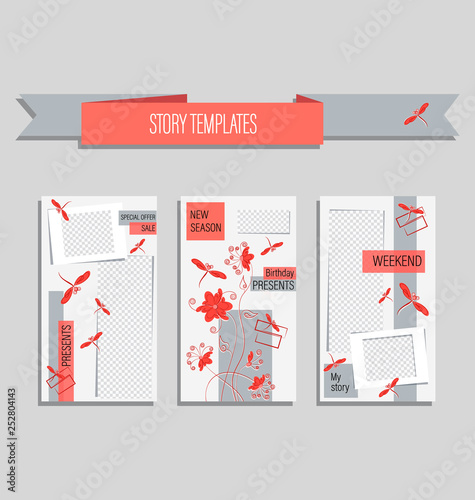 Trendy editable template for romantic stories. Gentle backgrounds for social networks, story instagram in trendy colors  with living coral colors. Set.