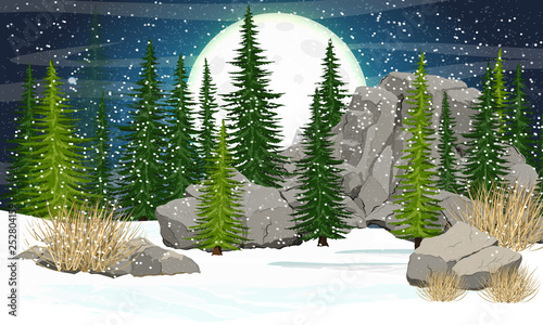 Big moon with craters in the night sky. Spruce forest, stones and mountains, dry grass. Valley covered with snow. Realistic winter vector landscape
