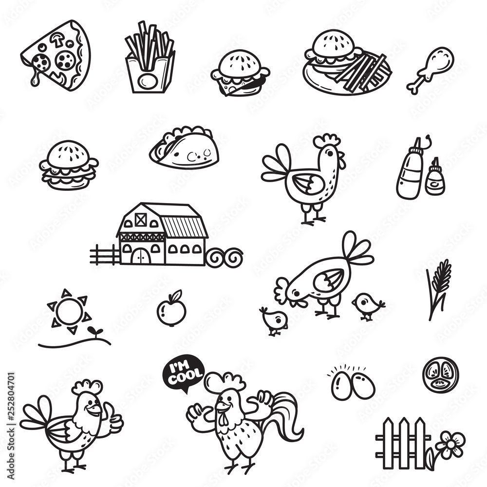 Simple Set of Farm and food Related Vector Line Icons. Contains such Icons as kebab, eggs, farm, apple, chicken, burger, free, chips, pizza. Editable Stroke. Illustration isolated on white background