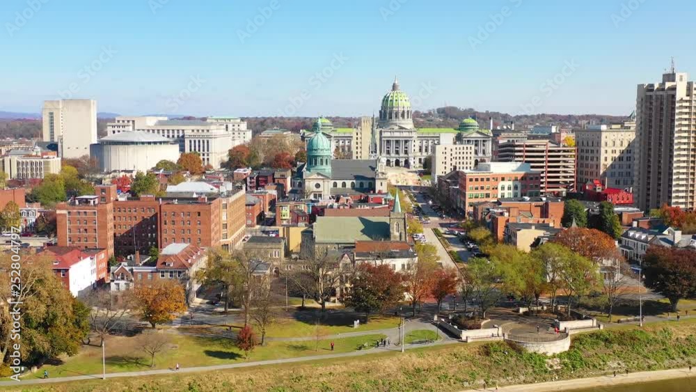 Good drone aerial establishing shot of Pennsylvania capital building in Harrisburg.