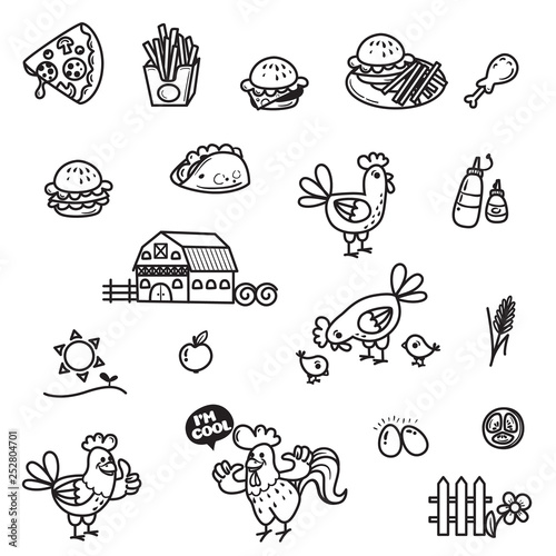 Simple Set of Farm and food Related Vector Line Icons. Contains such Icons as kebab  eggs  farm  apple  chicken  burger  free  chips  pizza. Editable Stroke. Illustration isolated on white background