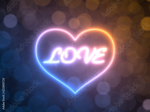 glowing neon heart with blurred bokeh background. 3d illustration