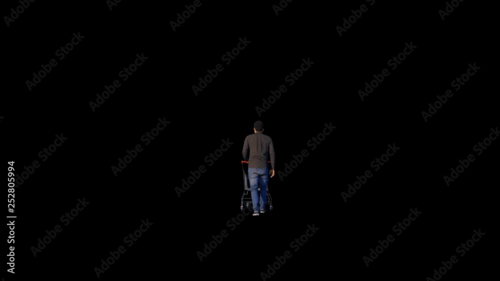 Man with shopping cart walking, Alpha Channel Man with shopping cart walking, Alpha Channel