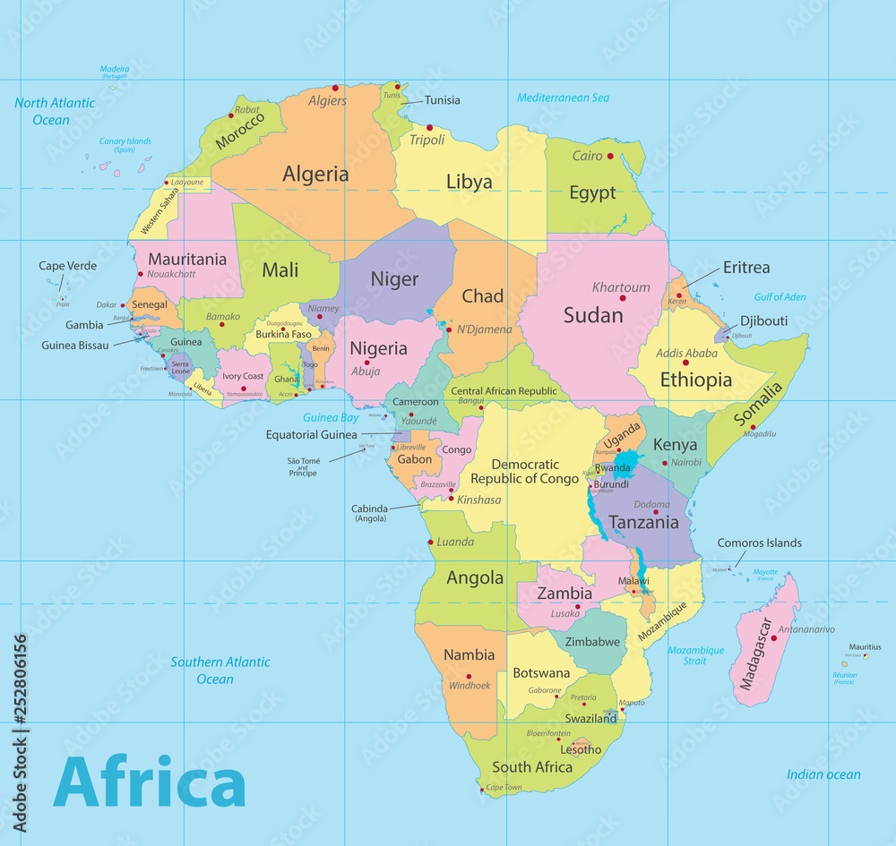 Africa map colorful, new political detailed map, separate individual states, with state city and sea names, blue background vector