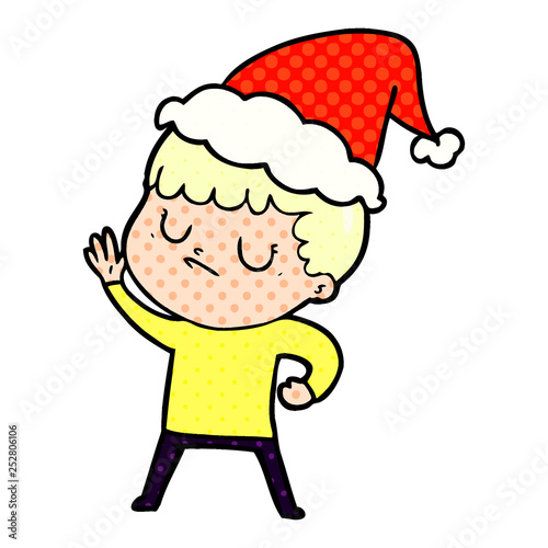 comic book style illustration of a grumpy boy wearing santa hat