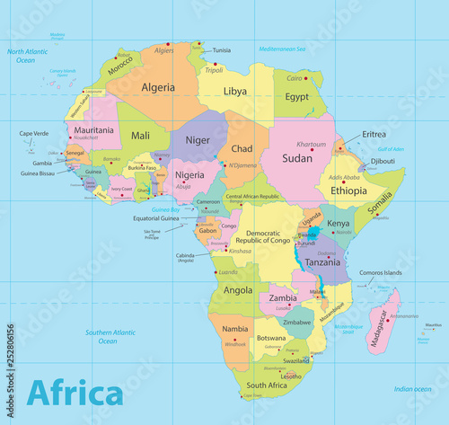 Africa map colorful  new political detailed map  separate individual states  with state city and sea names  blue background vector