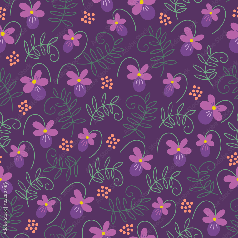 Seamless floral pattern with viola and sweet pea leaves