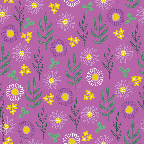 Seamless floral pattern with chamomile, yellow flowers, clover and herbs