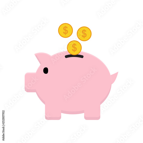 Flat icon piggy bank with coins isolated on white background. Vector illustration.