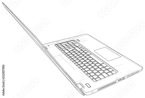 Laptop sketch. Vector created of 3d. Wire-frame line style.