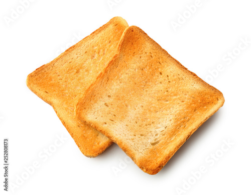 Slices of toasted bread on white background