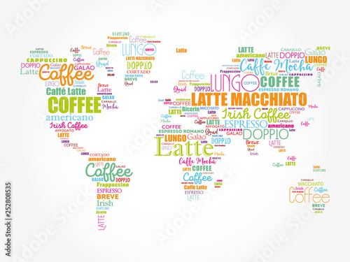 Fototapeta Naklejka Na Ścianę i Meble -  Coffee drinks word cloud World Map, concept background