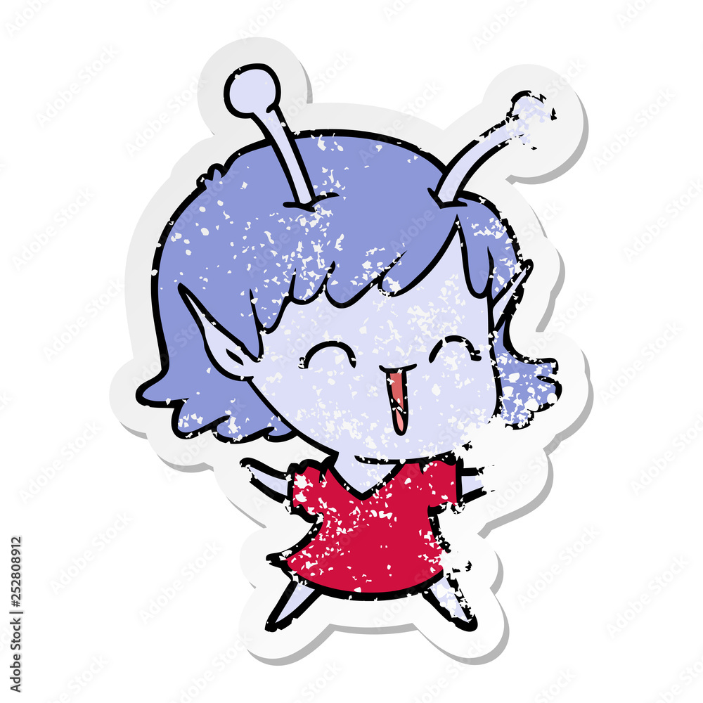 distressed sticker of a cartoon alien girl laughing distressed sticker of a cartoon alien girl laughing