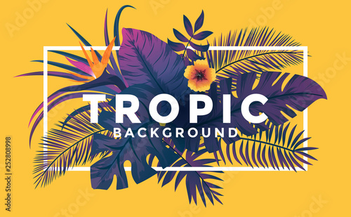 Tropical background with jungle plants. Frame with tropic leaves on yellow background, can be used as Exotic wallpaper, Greeting card, poster, placard. Vector Illustration