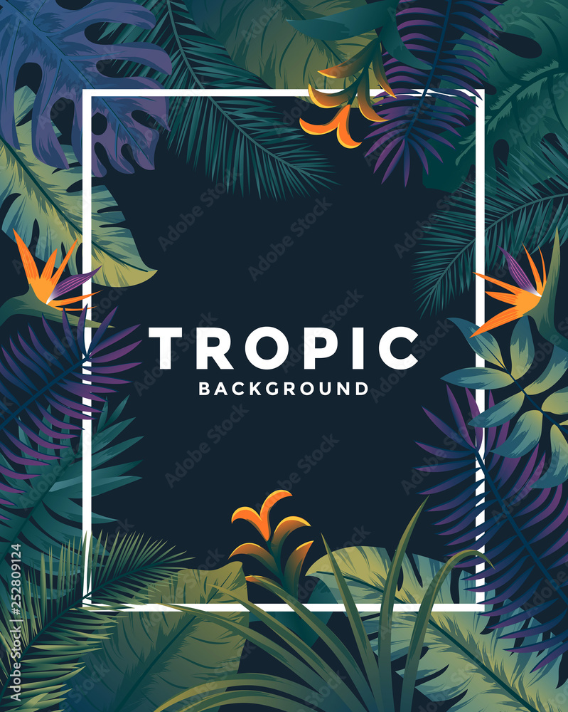 Fototapeta Tropical background with jungle plants. Frame with tropic leaves, can be used as Exotic wallpaper, Greeting card, poster, placard. Vector Illustration