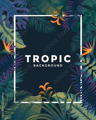 Tropical background with jungle plants. Frame with tropic leaves, can be used as Exotic wallpaper, Greeting card, poster, placard. Vector Illustration
