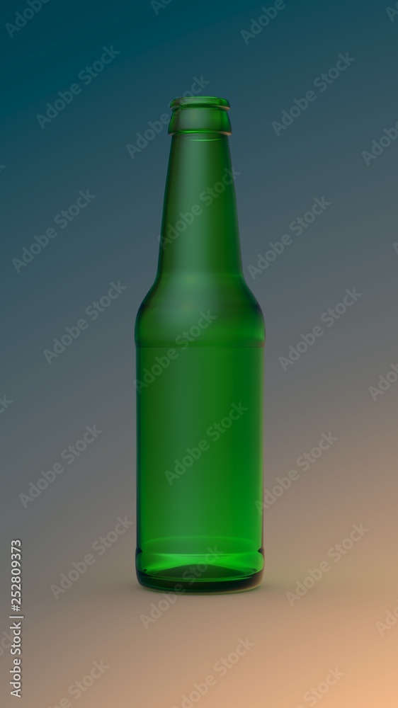 Empty green transparent beer bottle isolated on gradient background. 3D render