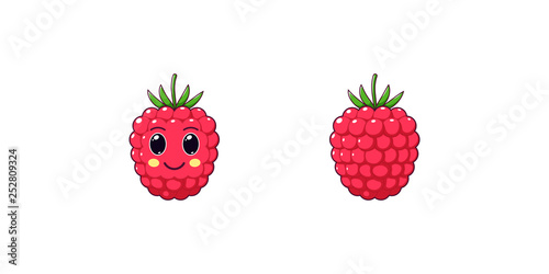 Cute Kawaii Raspberry, Cartoon Ripe Fruit. Vector