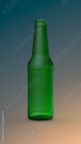Empty green transparent beer bottle isolated on gradient background. 3D render