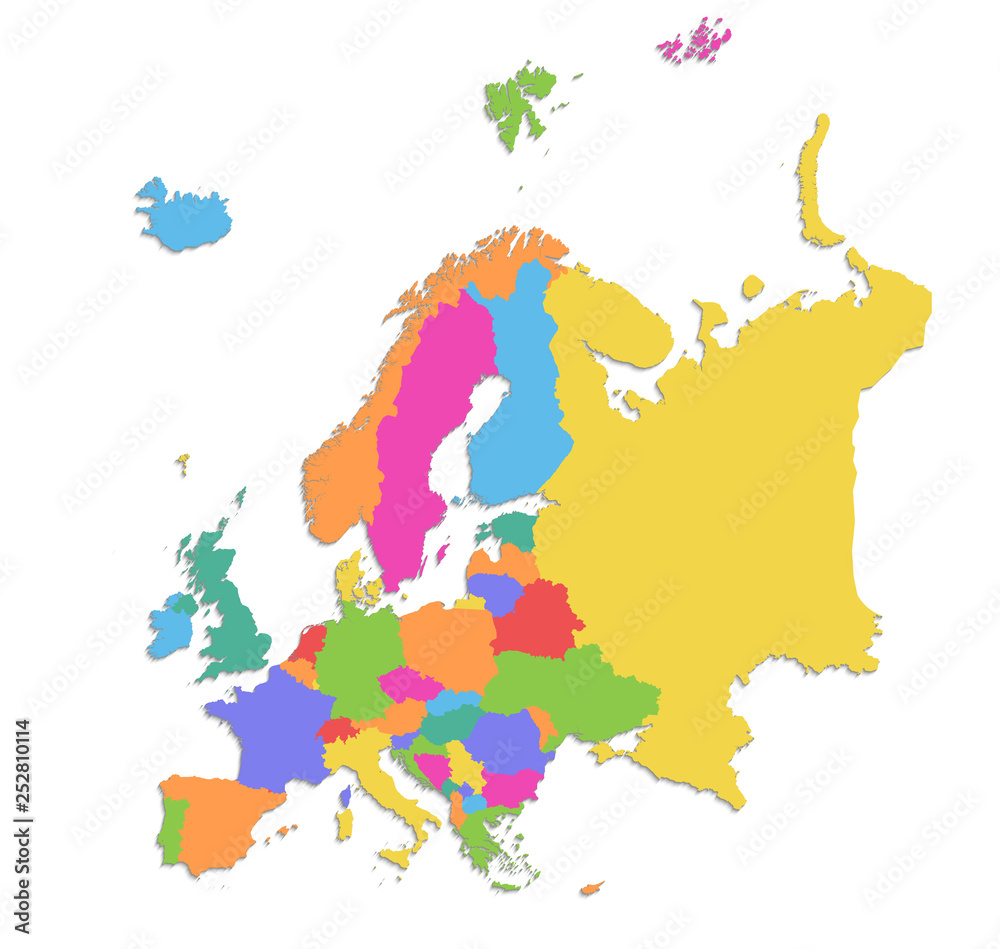 Europe map, new political detailed map, separate individual states, with state names, isolated on white background 3D blank