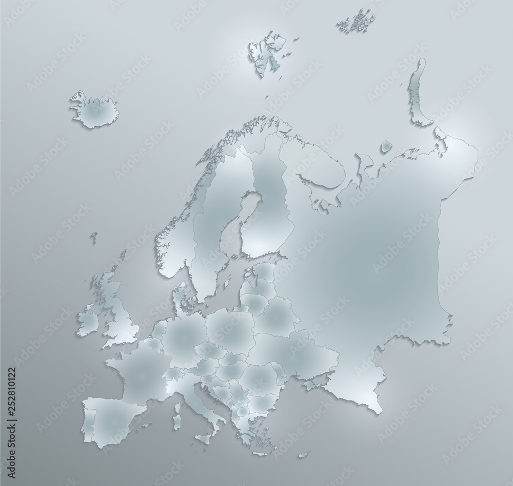 Europe map, new political detailed map, separate individual states, with state names,, glass card paper 3D blank