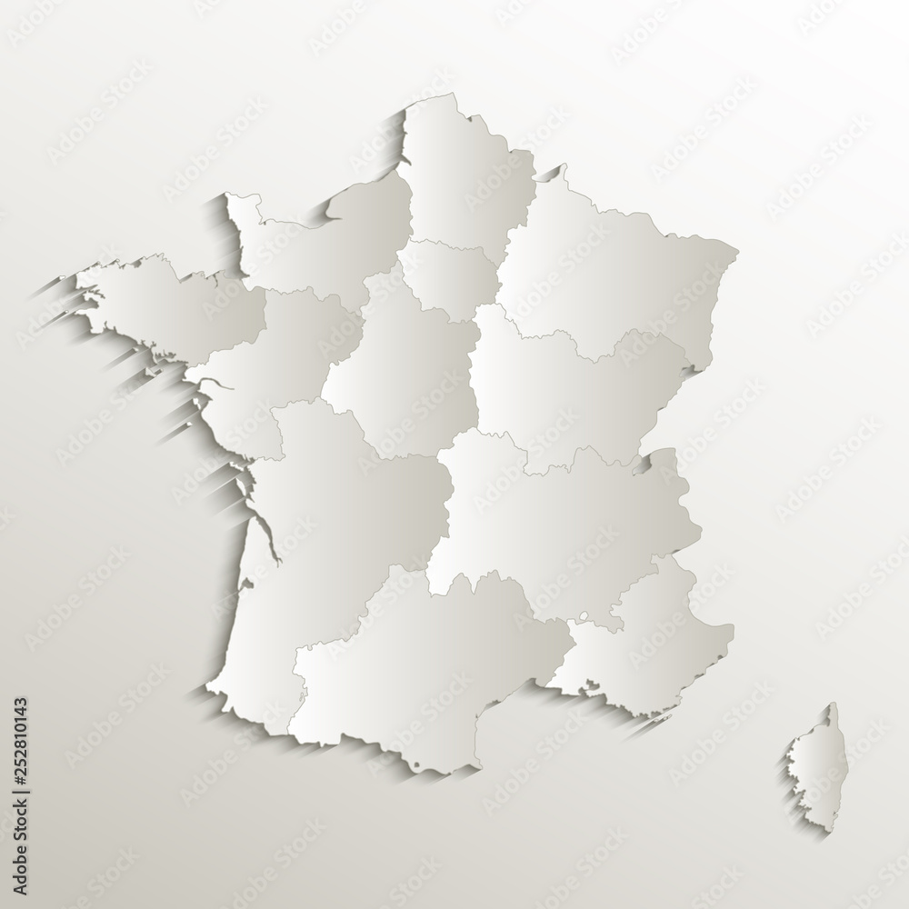 France map separate region names individual card paper 3D natural blank
