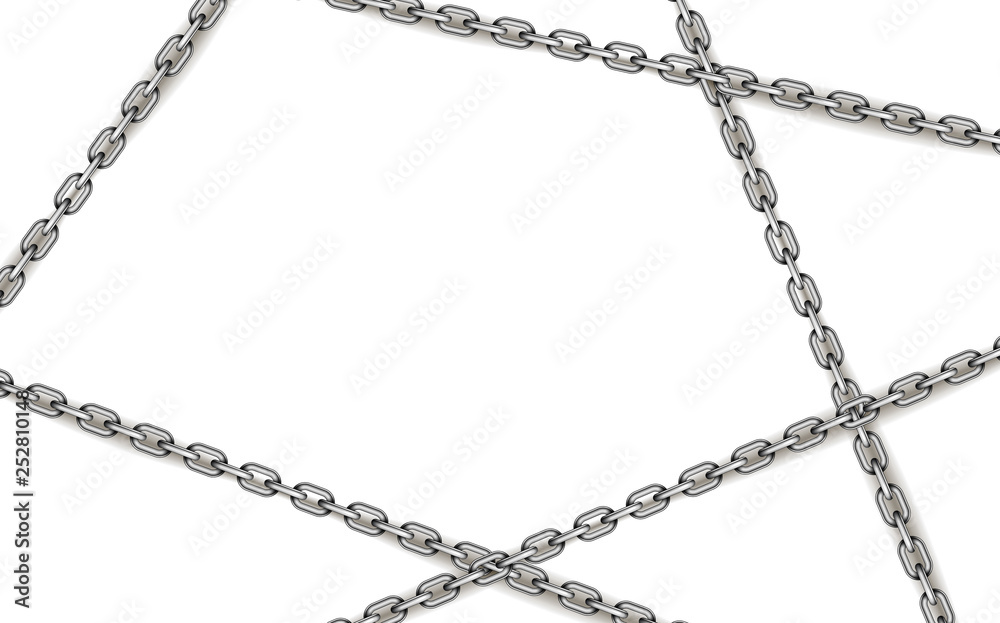 Glossy silver metal crossed chains on white background