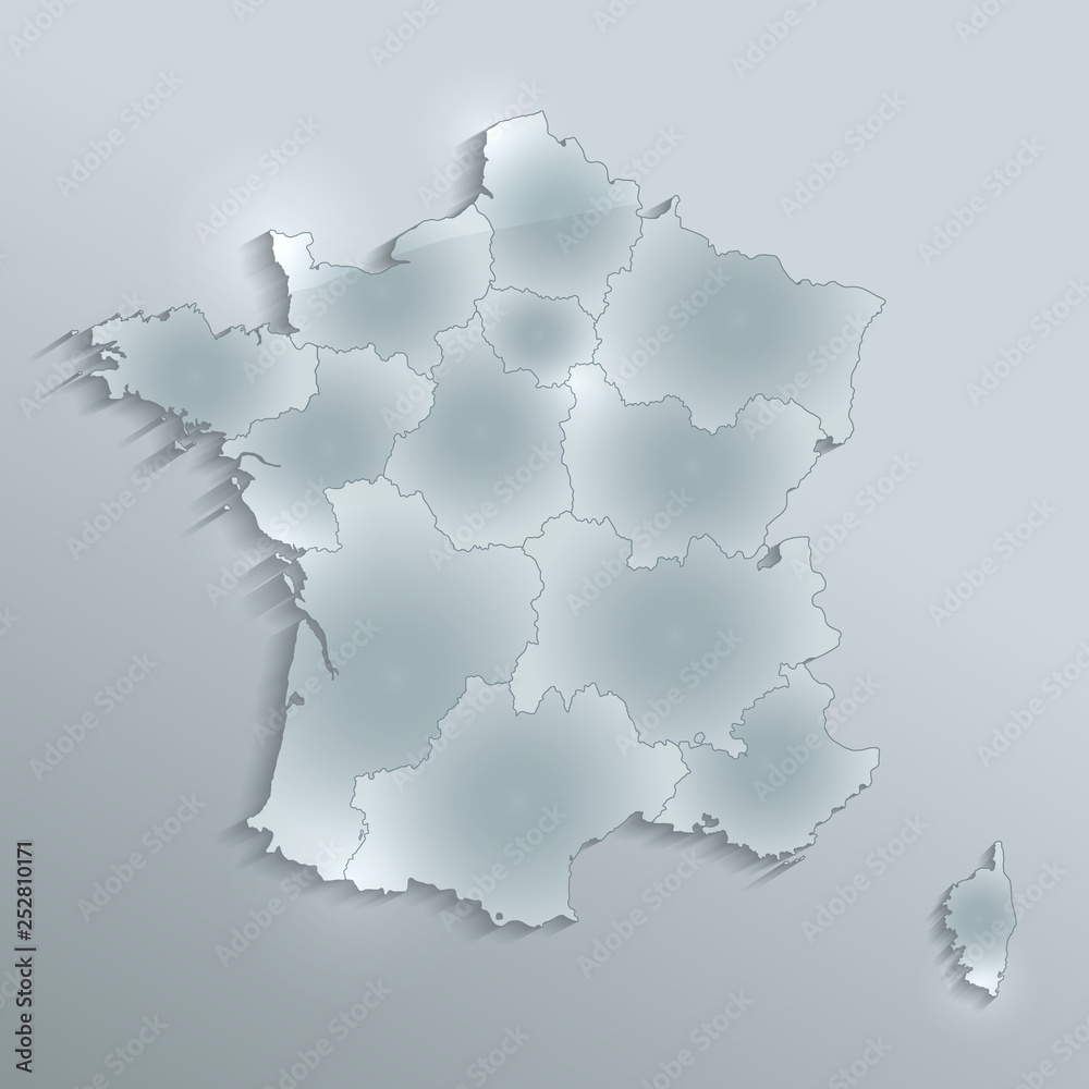 France map separate region names individual glass card paper 3D blank