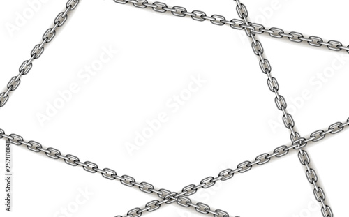 Glossy silver metal crossed chains on white background