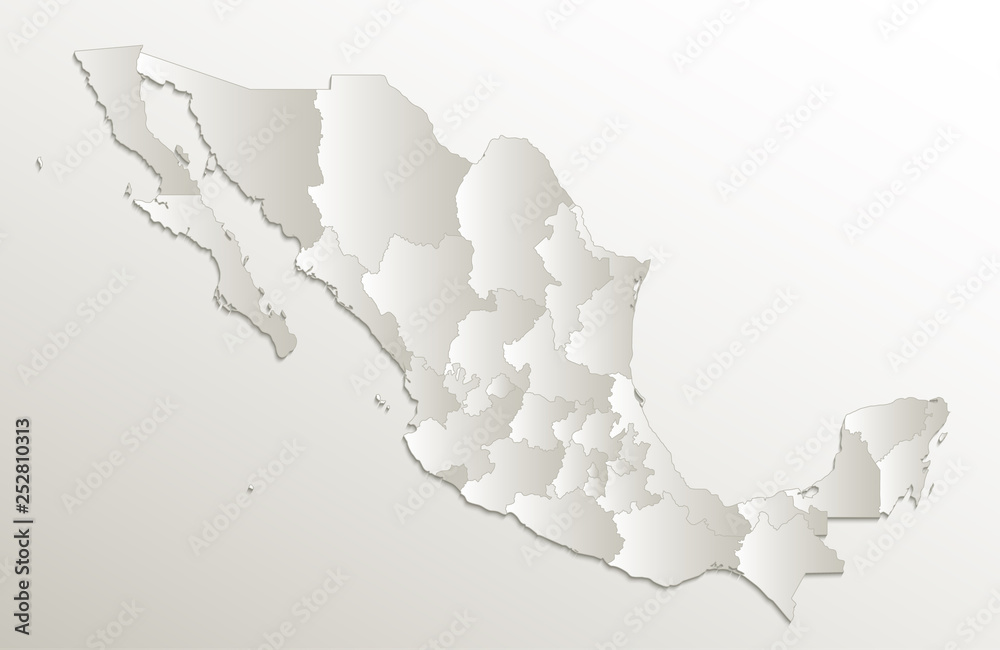 Mexico map, new political detailed map, separate individual states, with state names,  card paper 3D natural blank