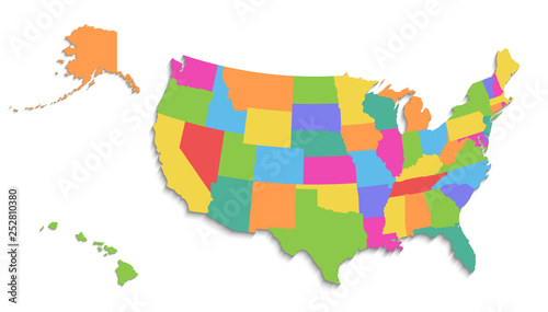 USA map with Alaska and Hawaii map, new political detailed map, separate individual states, with state names, isolated on white background 3D blank