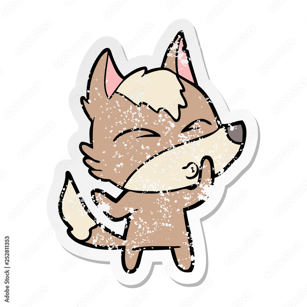distressed sticker of a cartoon wolf whistling distressed sticker of a cartoon wolf whistling