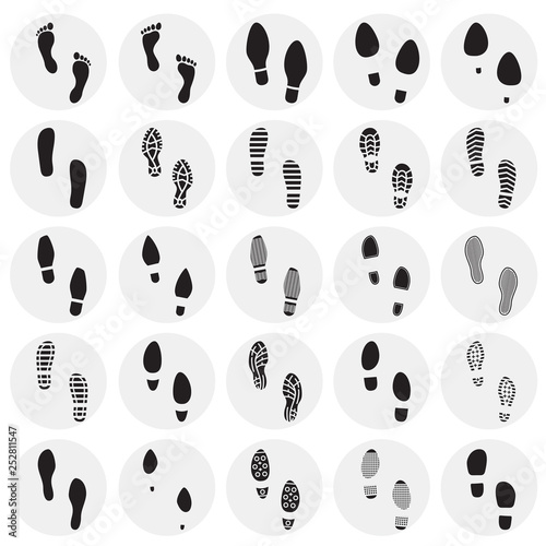 Footprints icons set on circles background for graphic and web design. Simple vector sign. Internet concept symbol for website button or mobile app.