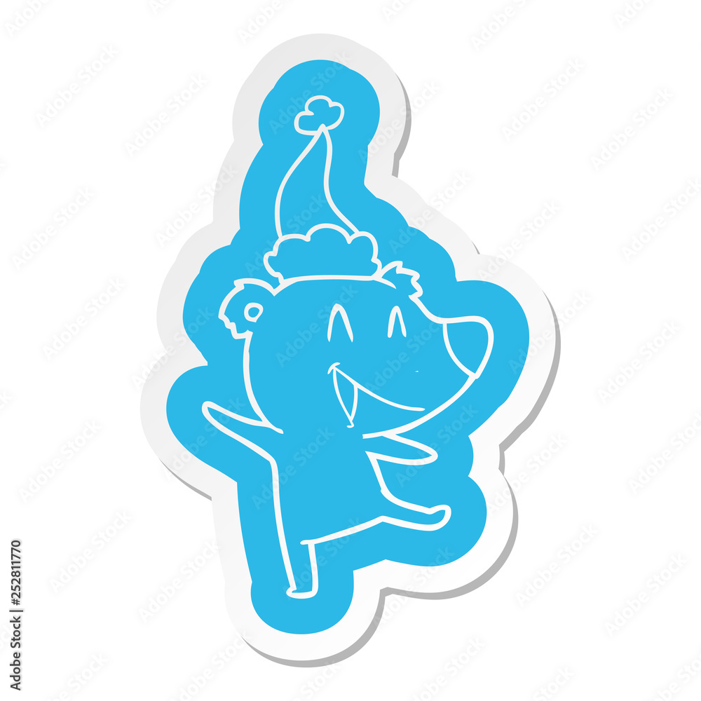 laughing bear cartoon  sticker of a wearing santa hat