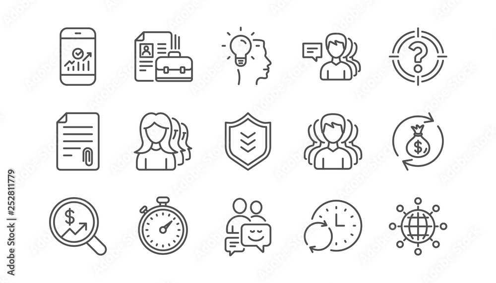 Business line icons. Group of people, Portfolio and Teamwork icons. User profile linear icon set.  Vector