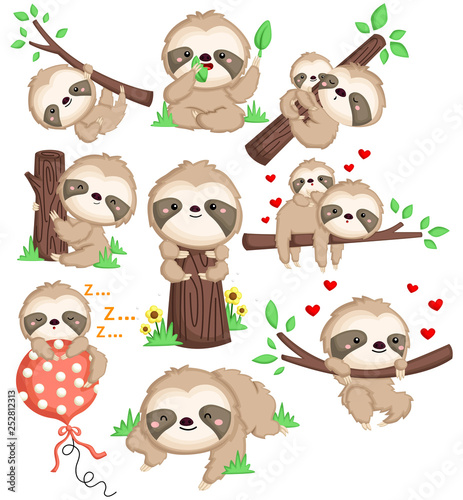 a vector of a cute sloth in many position