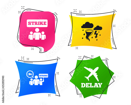 Strike icon. Storm bad weather and group of people signs. Delayed flight symbol. Geometric colorful tags. Banners with flat icons. Trendy design. Vector