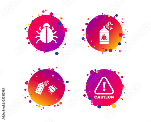 Bug disinfection icons. Caution attention symbol. Insect fumigation spray sign. Gradient circle buttons with icons. Random dots design. Vector