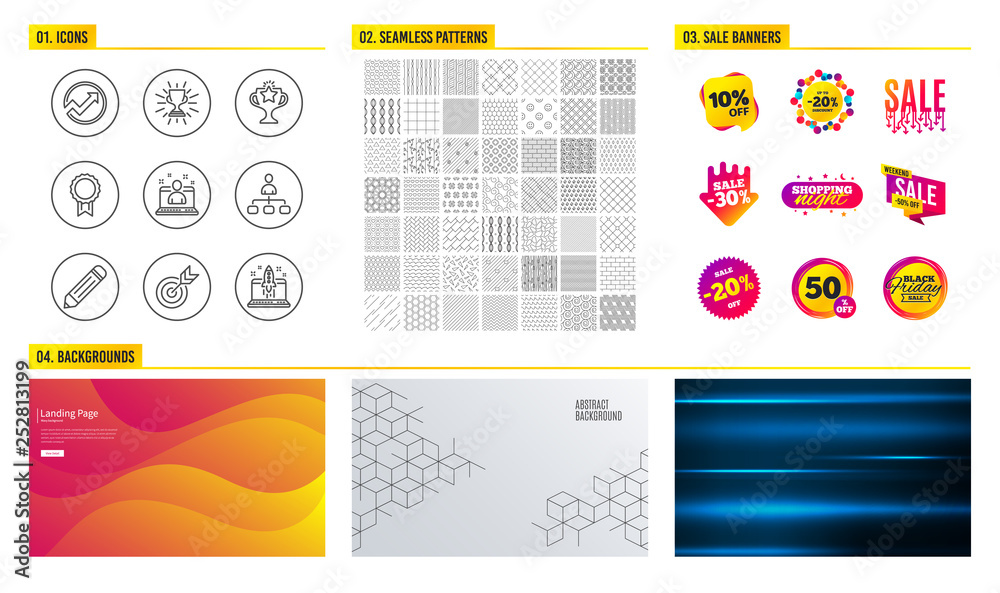 Seamless pattern. Shopping mall banners. Set of Audit, Best manager and Management icons. Reward, Victory and Trophy signs. Pencil, Target and Start business symbols. Vector Seamless pattern. Shopping mall banners. Set of Audit, Best manager and Management icons. Reward, Victory and Trophy signs. Pencil, Target and Start business symbols. Vector