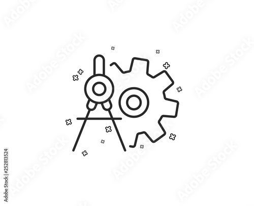 Cogwheel dividers line icon. Engineering tool sign. Cog gear symbol. Geometric shapes. Random cross elements. Linear Cogwheel dividers icon design. Vector