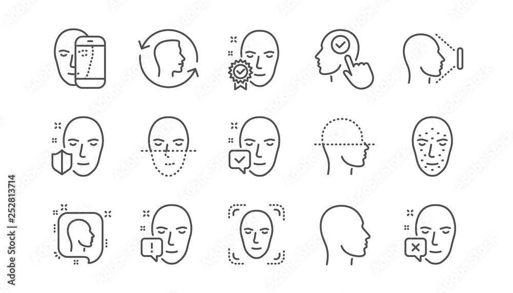 Face recognize line icons. Biometrics detection, Face id and scanning. Identification linear icon set.  Vector